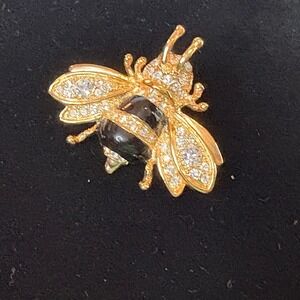 Roman Bumble Bee Brooch Gold Tone Rhinestone Black Enamel Insect Pin Vintage